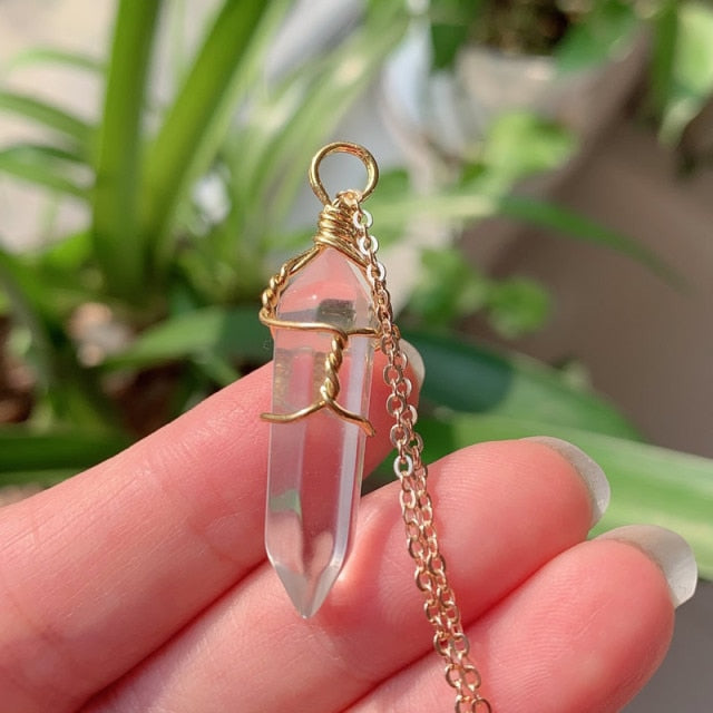 Wire Wrapped Crystal Necklace - Gold