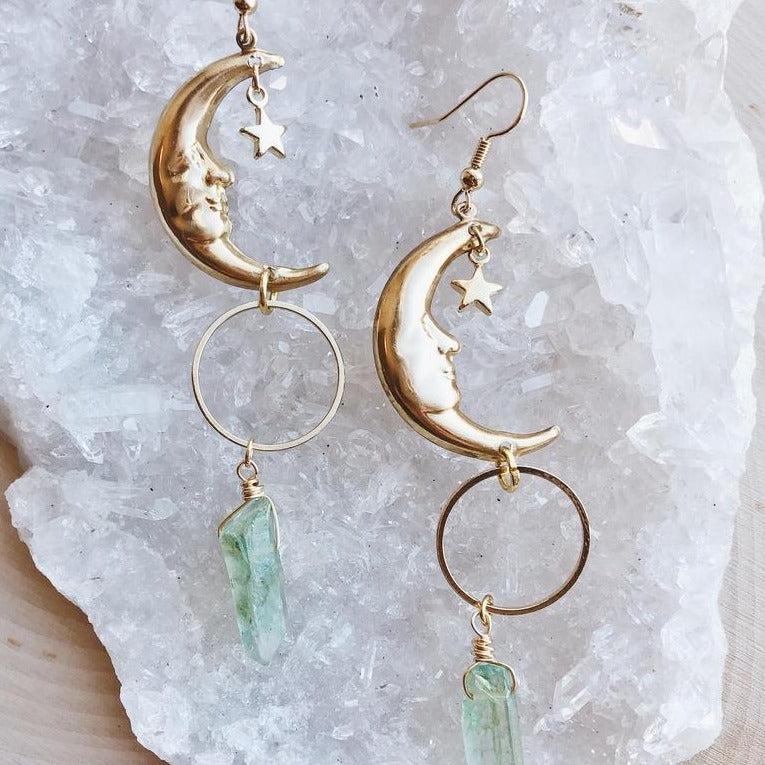 Boho Crescent, Stars and Aqua Quartz Dangles